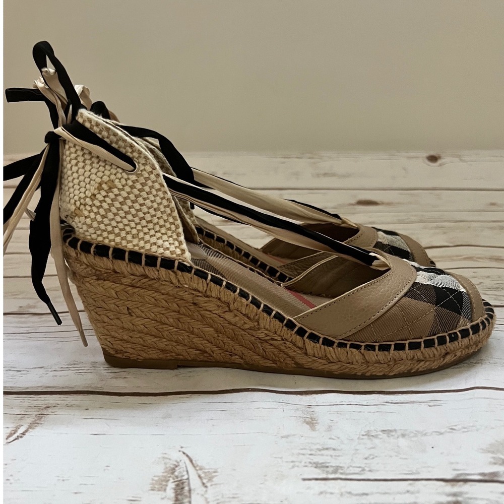 Burberry Espadrille Wedge Sandals Tan Nova Check Ankle Tie SZ 41 (10.5-11 US)